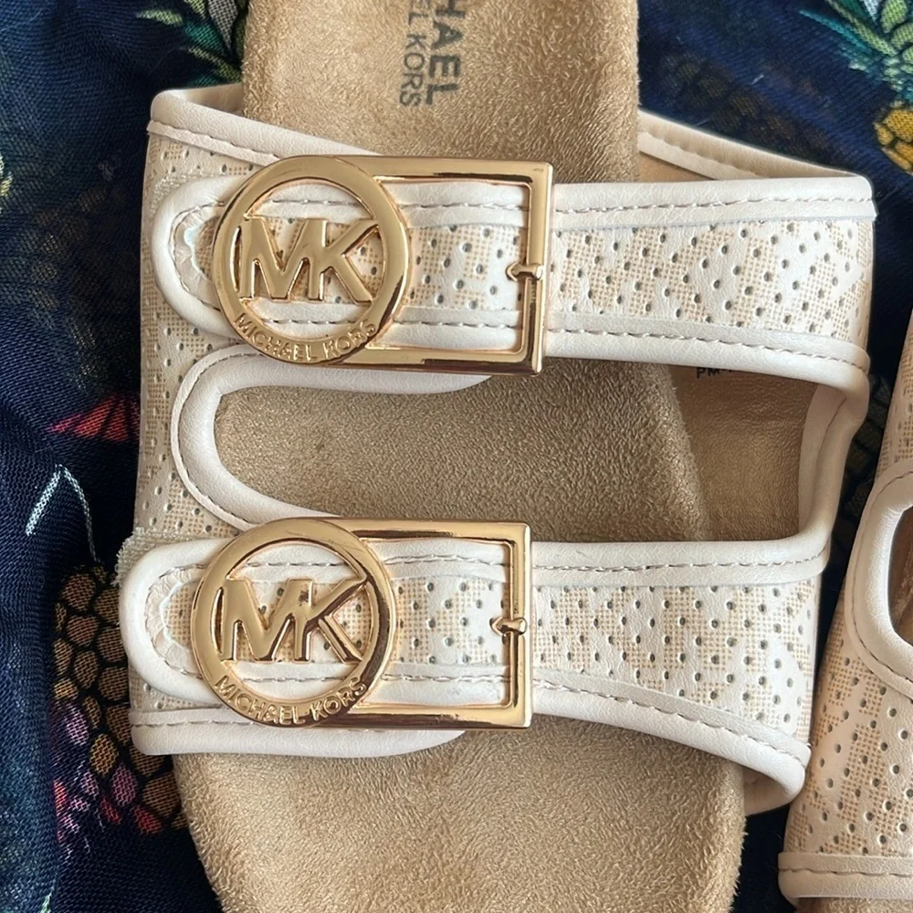 Brand New Michael Kors Zoria Adjustable Strap Slides Sandals Blush Gold Tone